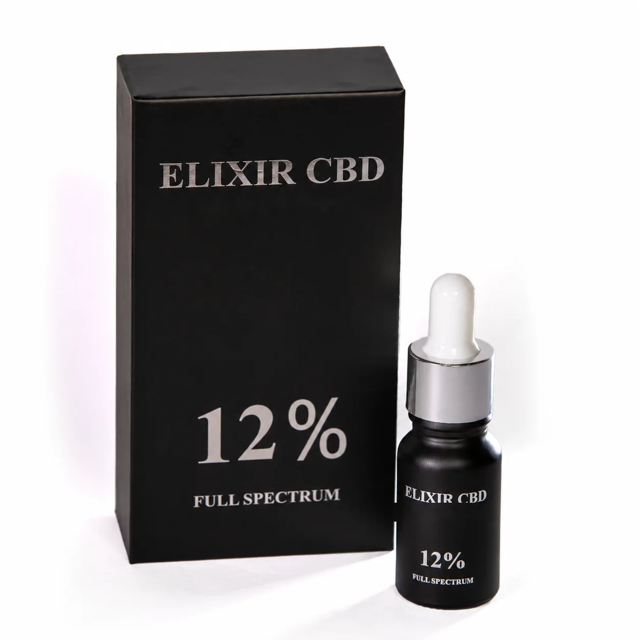 Aceite de CBD 12% Full Spectrum en su caja junto al frasco con gotero